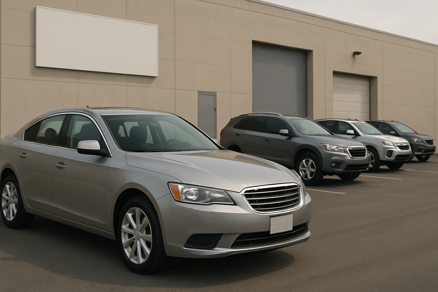 Four generic grey and silver vehicles parked in front of a beige building with blank signage and closed garage doors