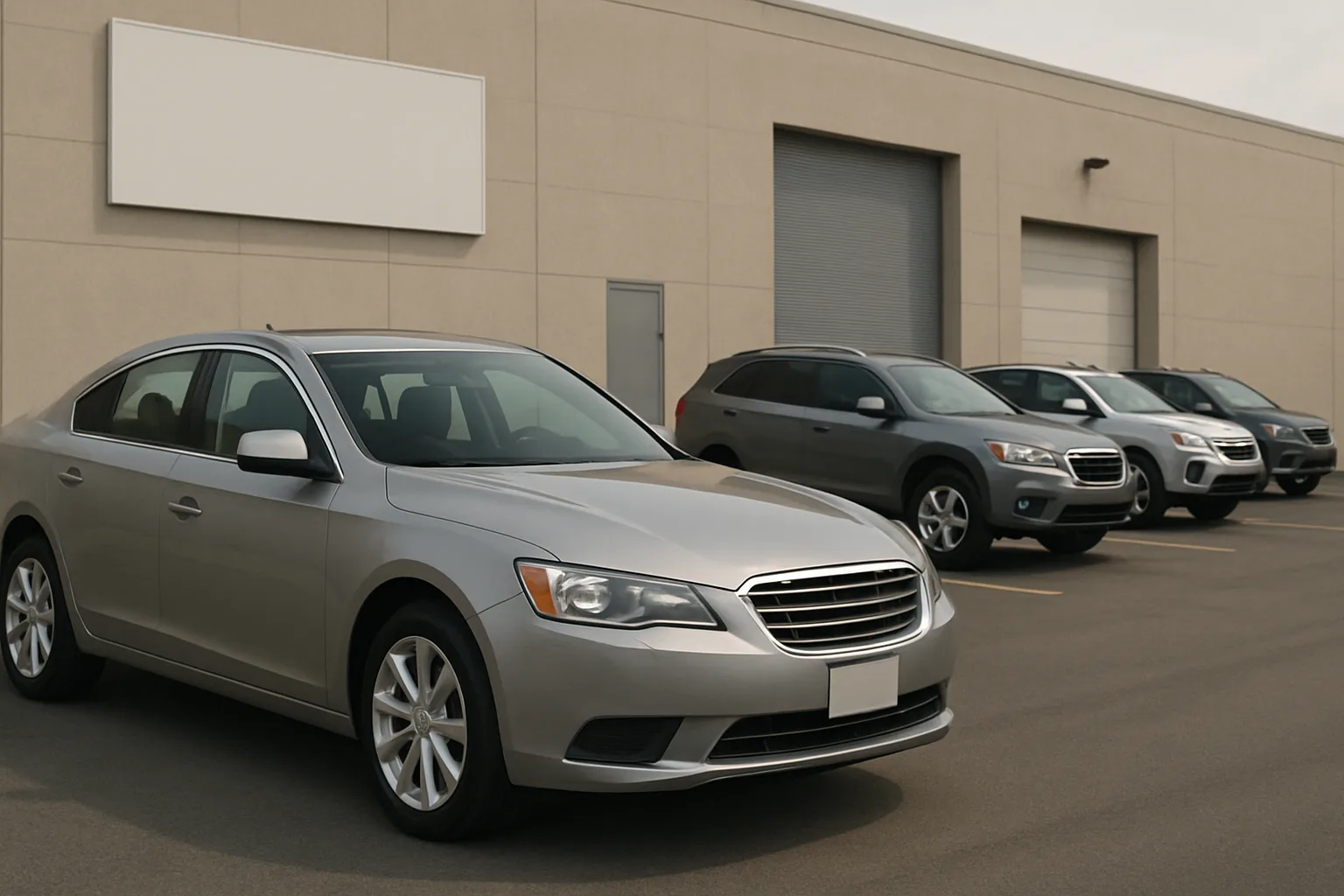 Four generic grey and silver vehicles parked in front of a beige building with blank signage and closed garage doors