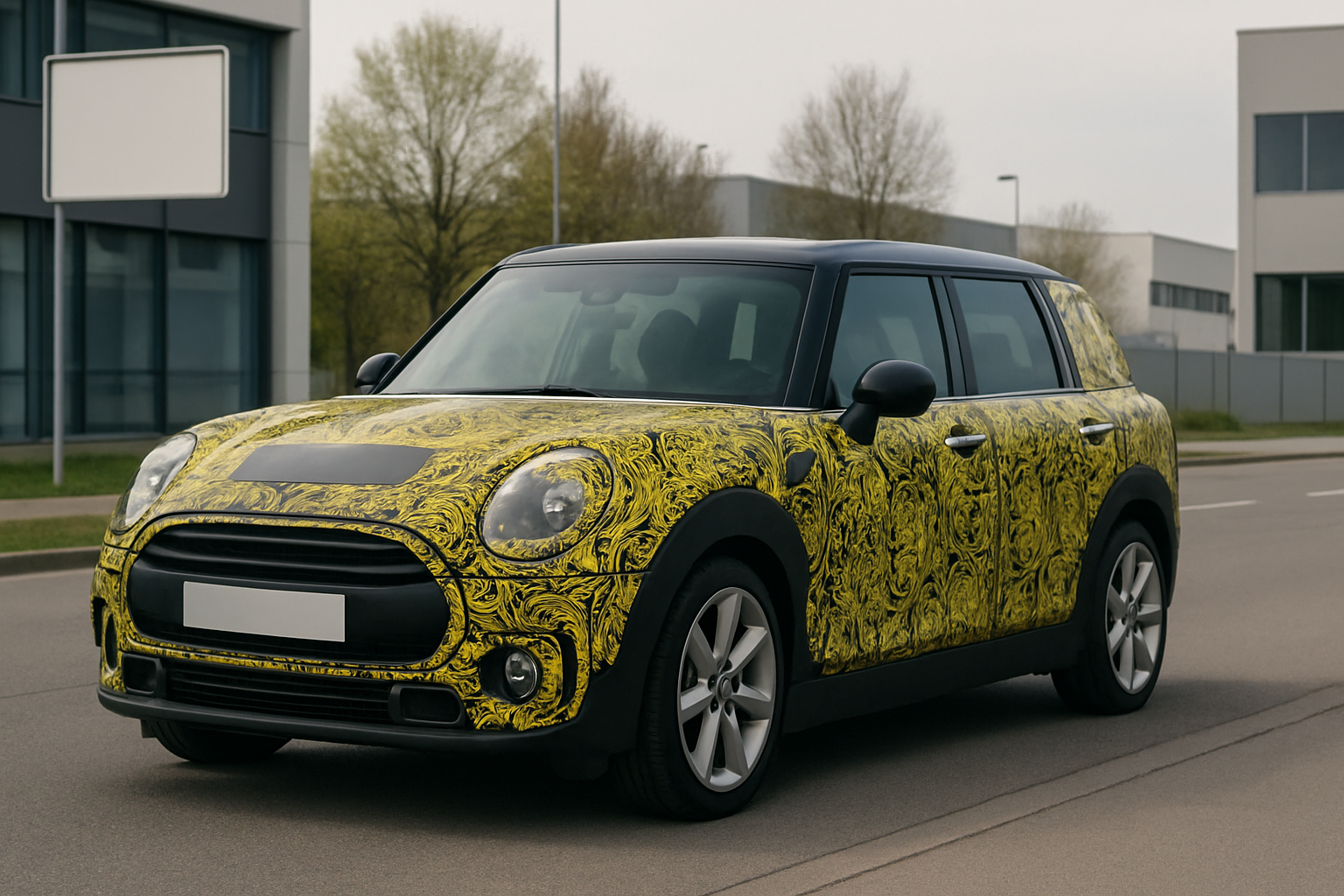 Boxy compact hatchback car with swirled yellow-and-black camouflage wrap, parked on a quiet street near modern buildings