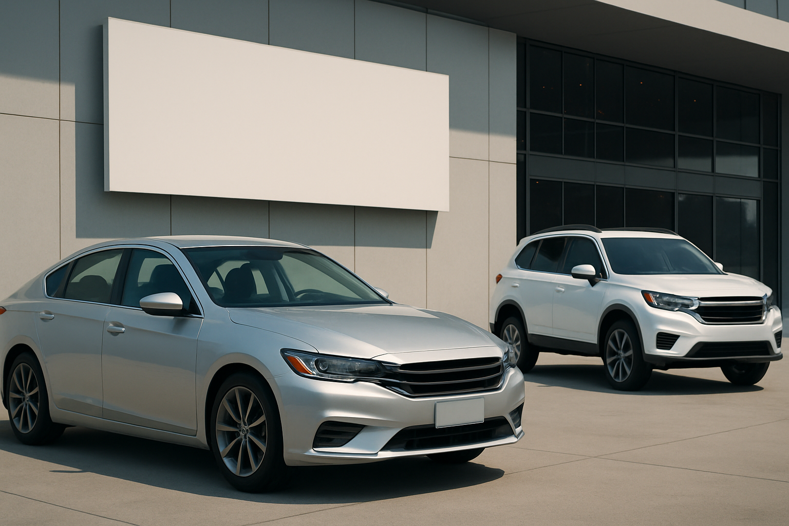Silver sedan and white SUV parked on clean concrete under bright daylight in front of a modern building with blank signage