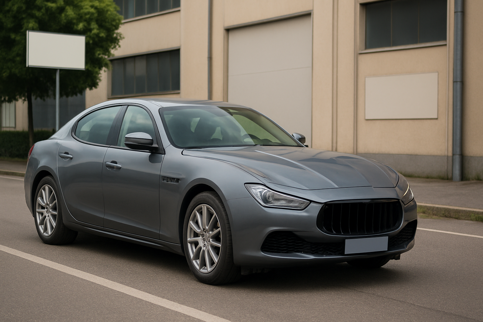 Sleek silver-grey sedan parked on an empty street beside a modern beige building with blank signs and shaded windows