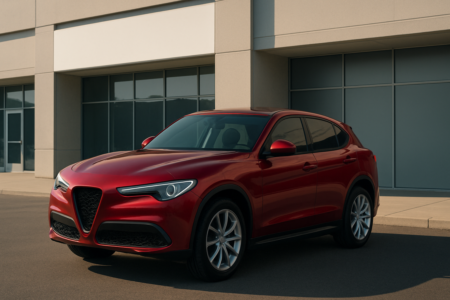 Glossy red SUV with curved lines and silver wheels parked on smooth pavement in front of a modern glass building