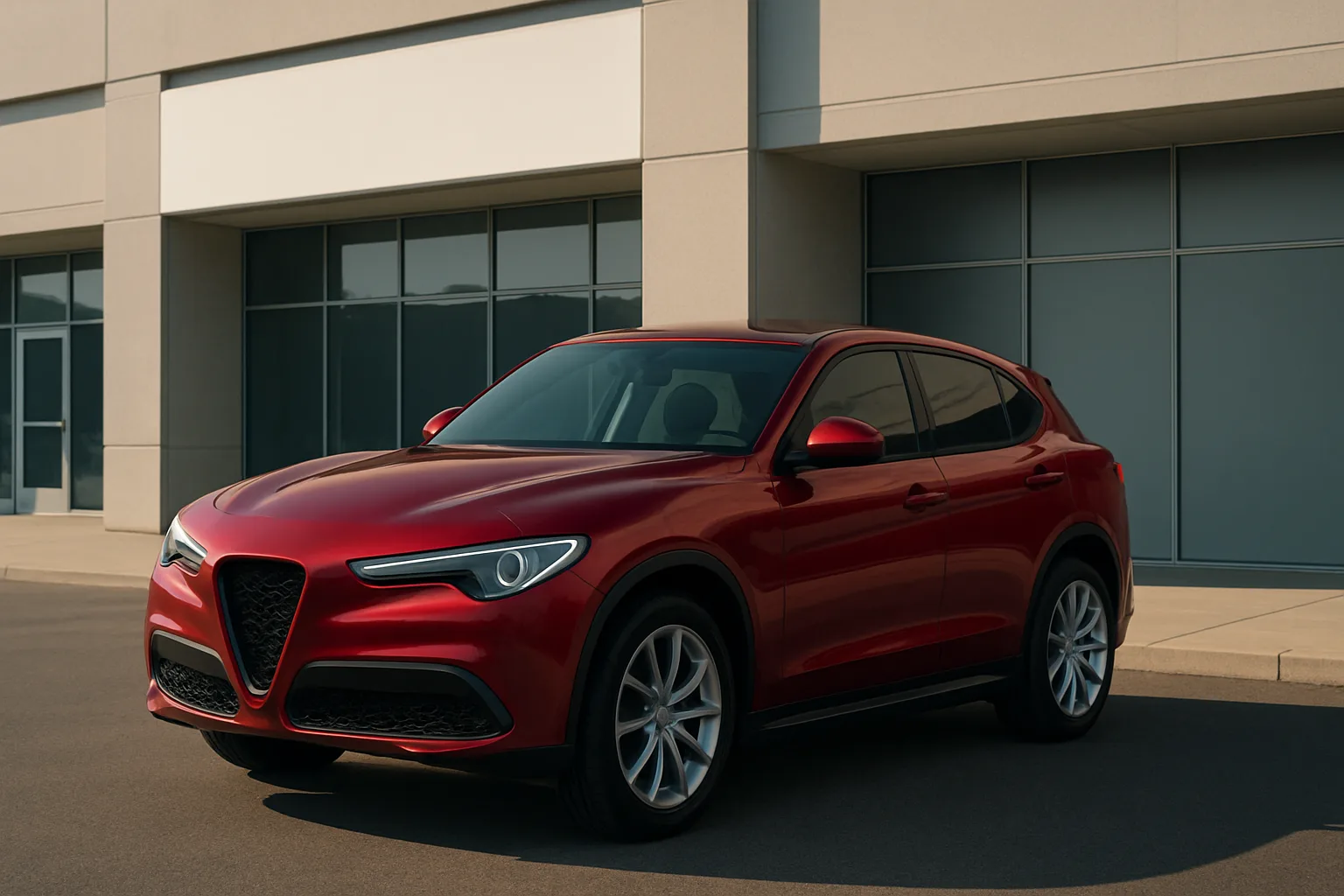 Glossy red SUV with curved lines and silver wheels parked on smooth pavement in front of a modern glass building