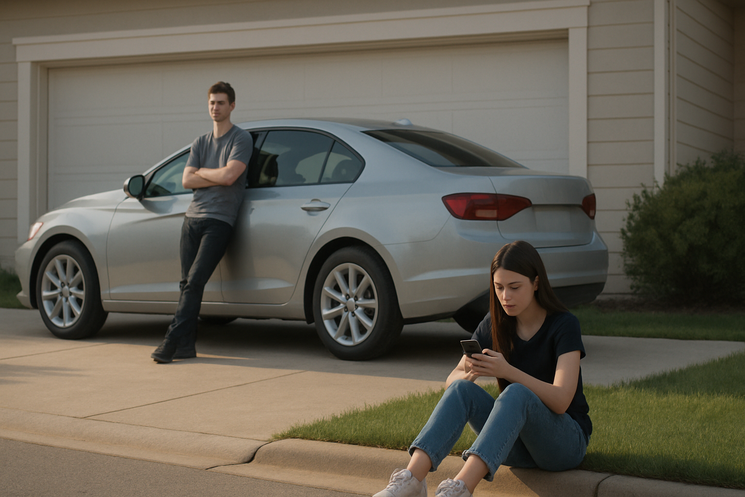 Teen boy stands beside a silver car in a driveway while a teen girl sits on the grass curb looking at her phone