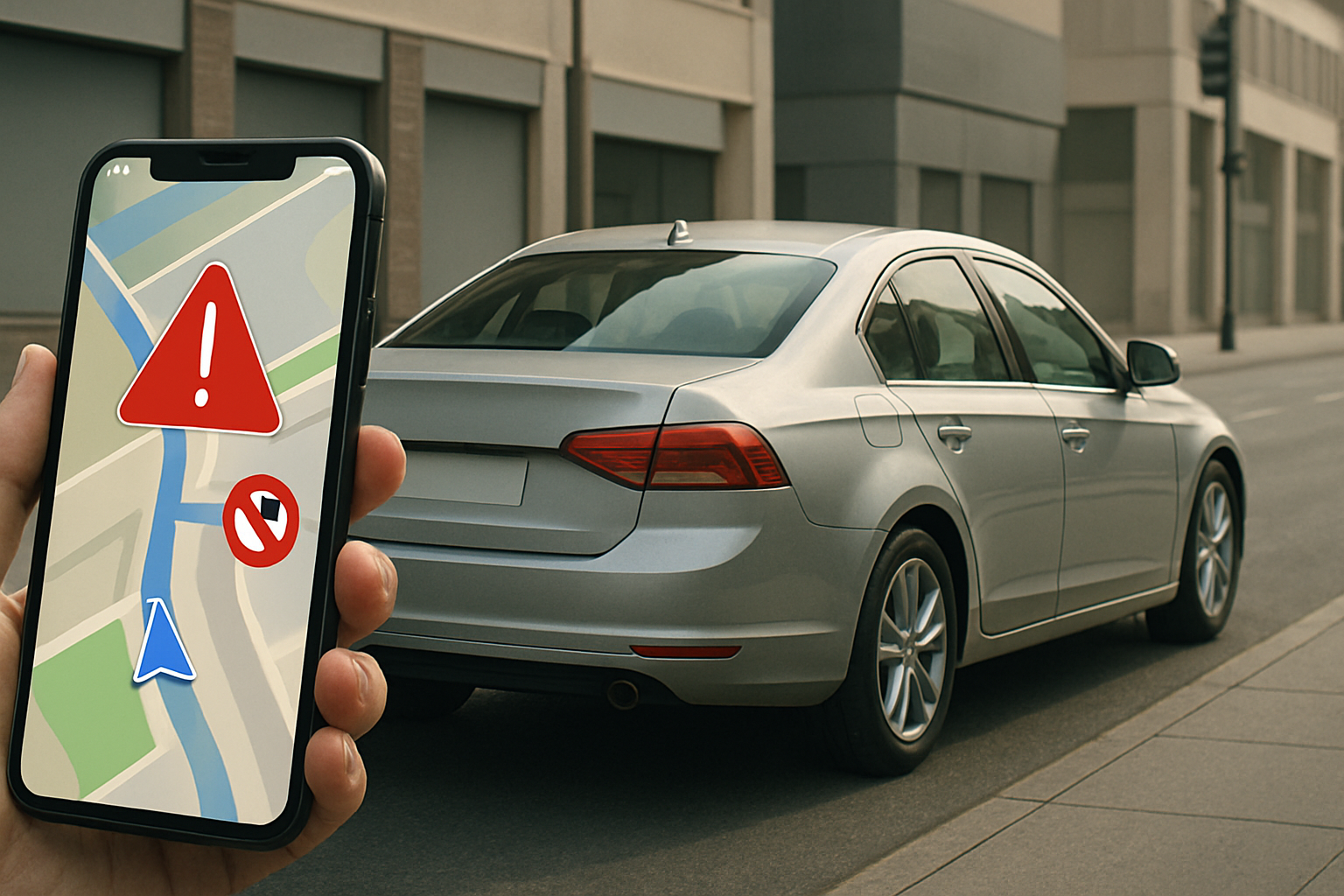 Hand holding a smartphone displaying a map with warning icons next to a silver sedan parked on an empty city street