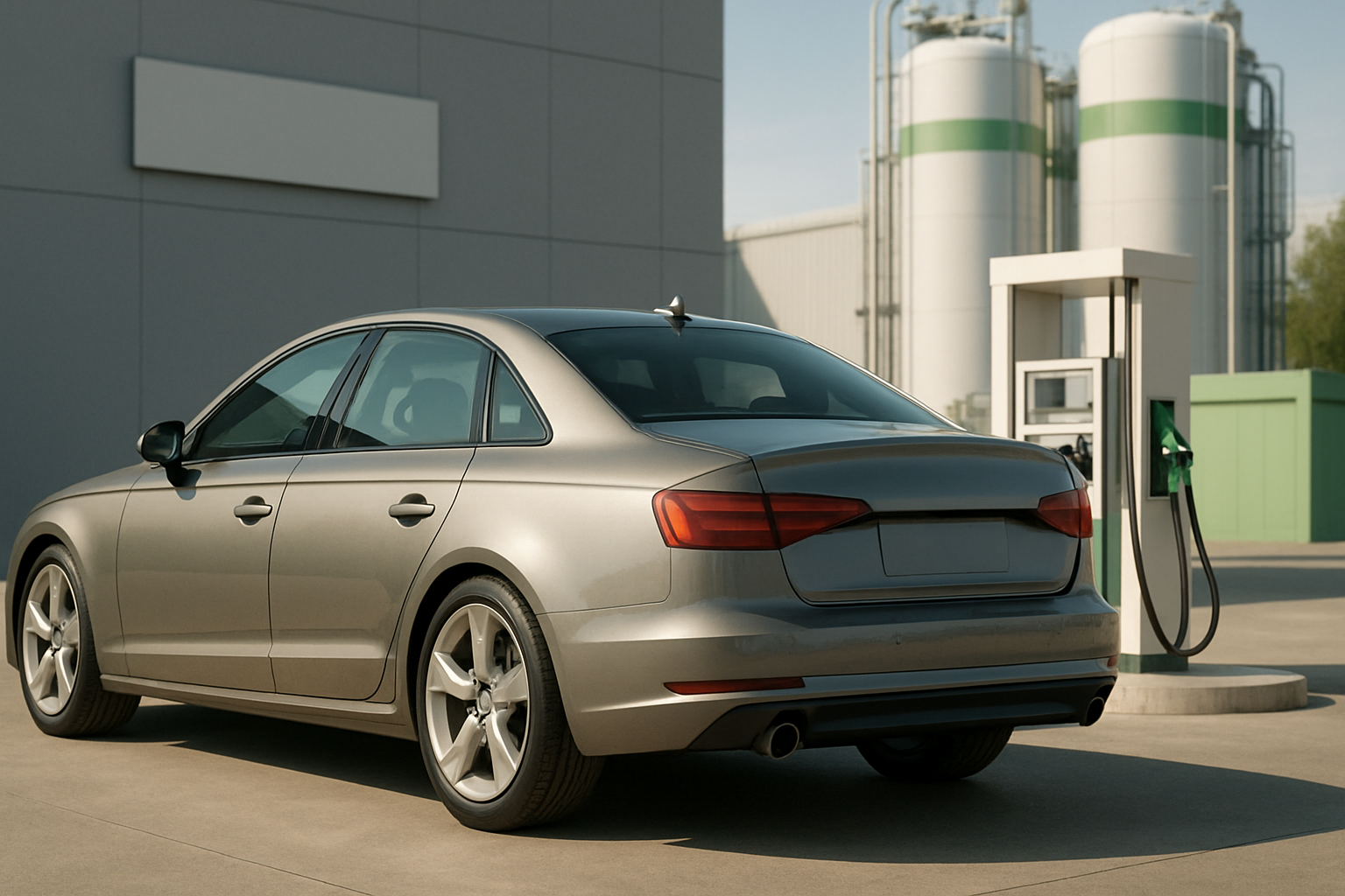 A silver sedan parked beside a modern fuel pump in a clean industrial setting with large green and white storage tanks