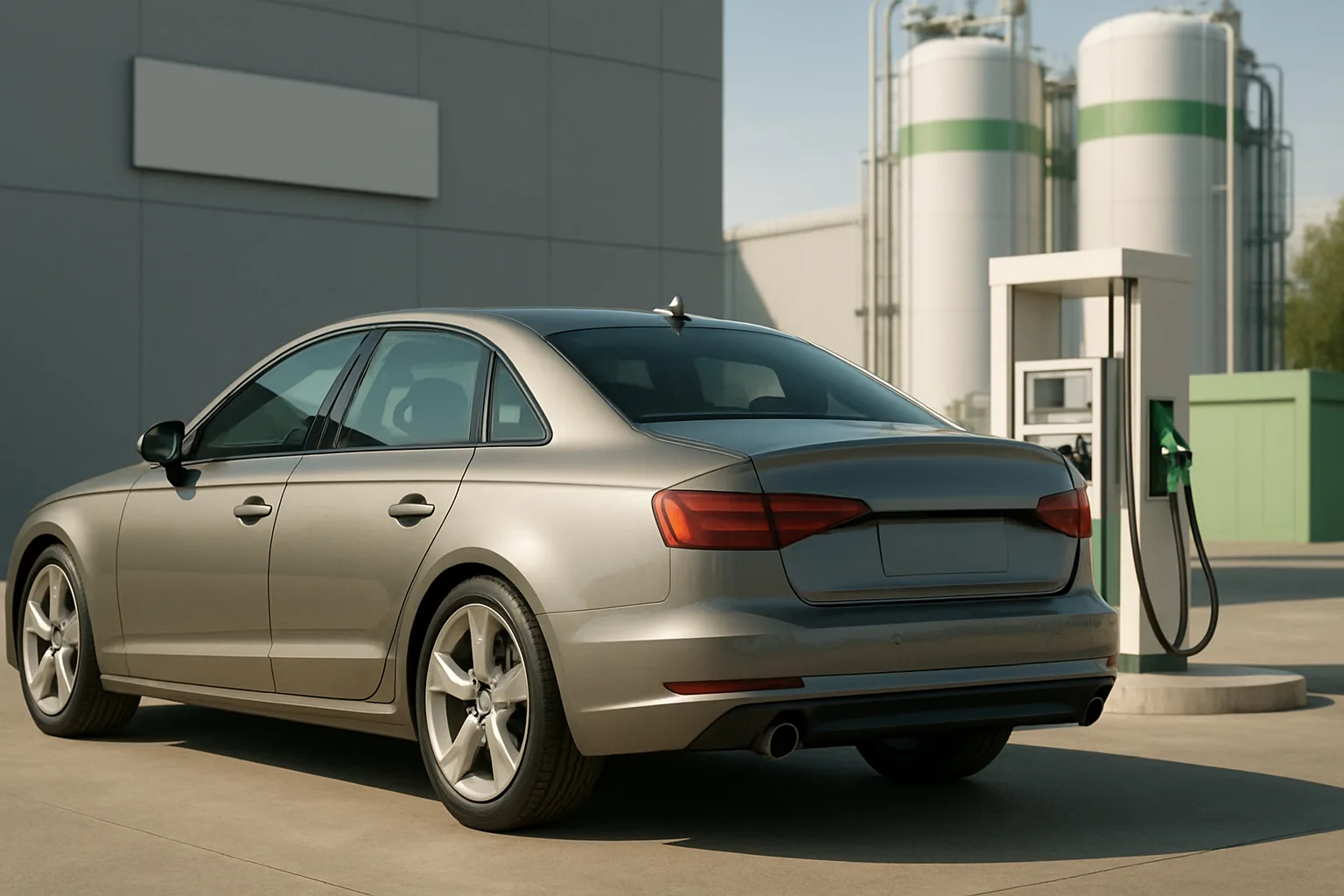 A silver sedan parked beside a modern fuel pump in a clean industrial setting with large green and white storage tanks
