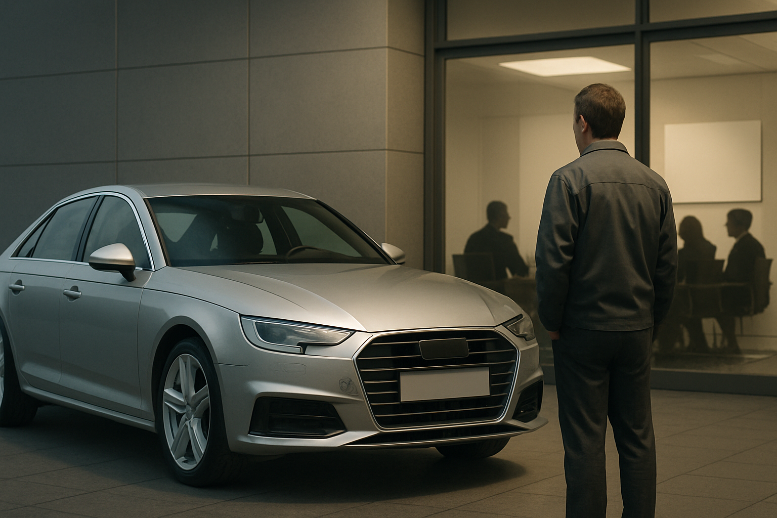 A man in a grey jacket stands facing a silver sedan parked outside a modern glass-walled building at dusk