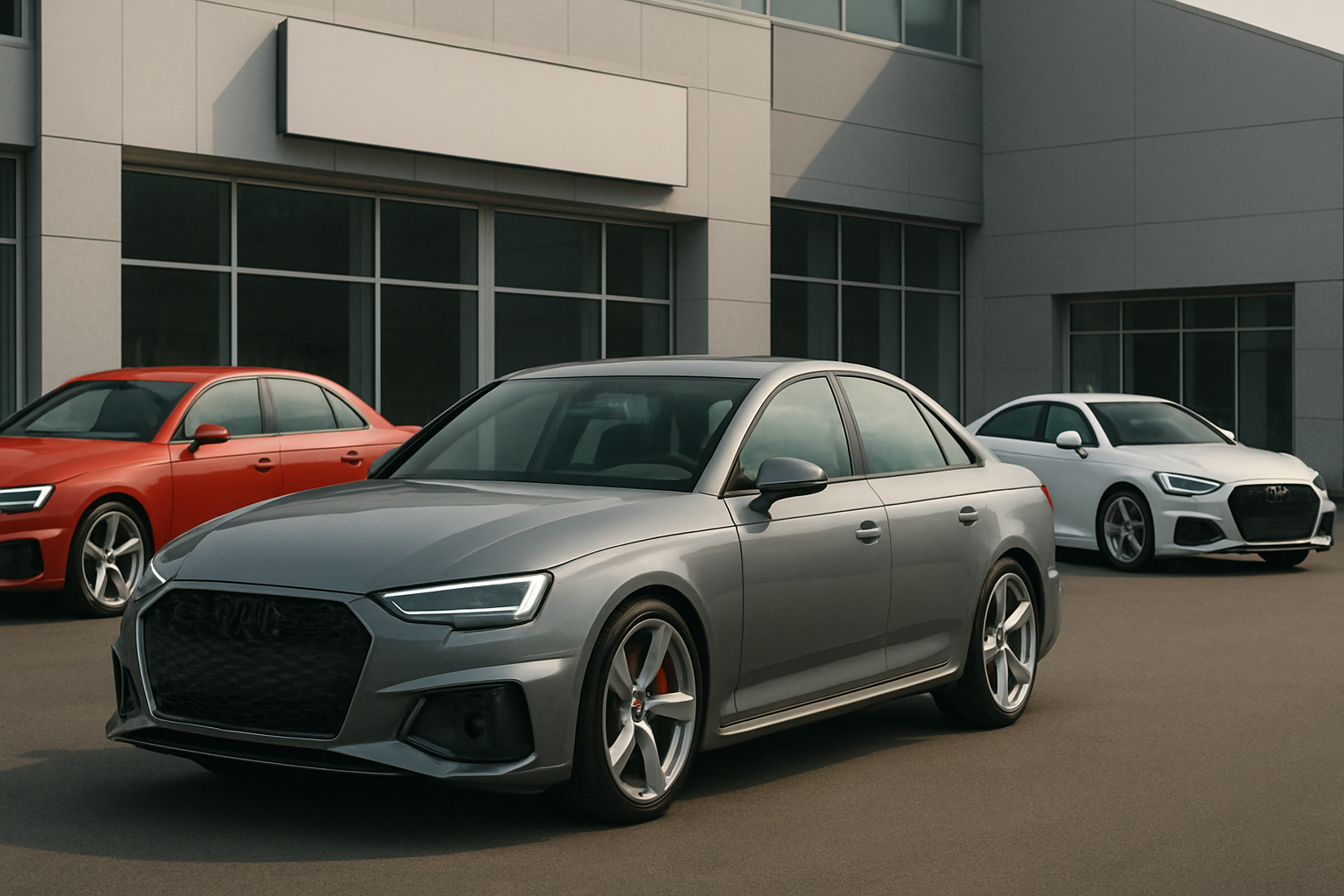 Three sleek, modern sedans in grey, white, and red parked on sunlit pavement before a glass-fronted building