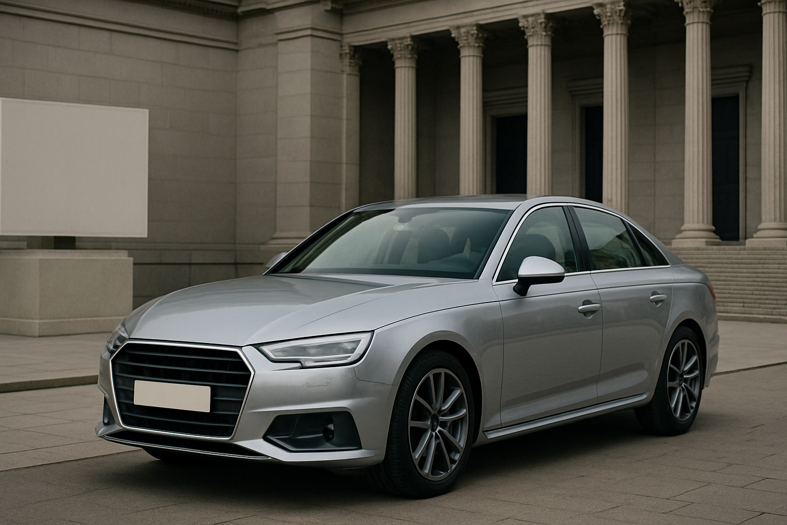 A silver-grey sedan with dark alloy wheels parked on pale stone beside neoclassical columns and steps