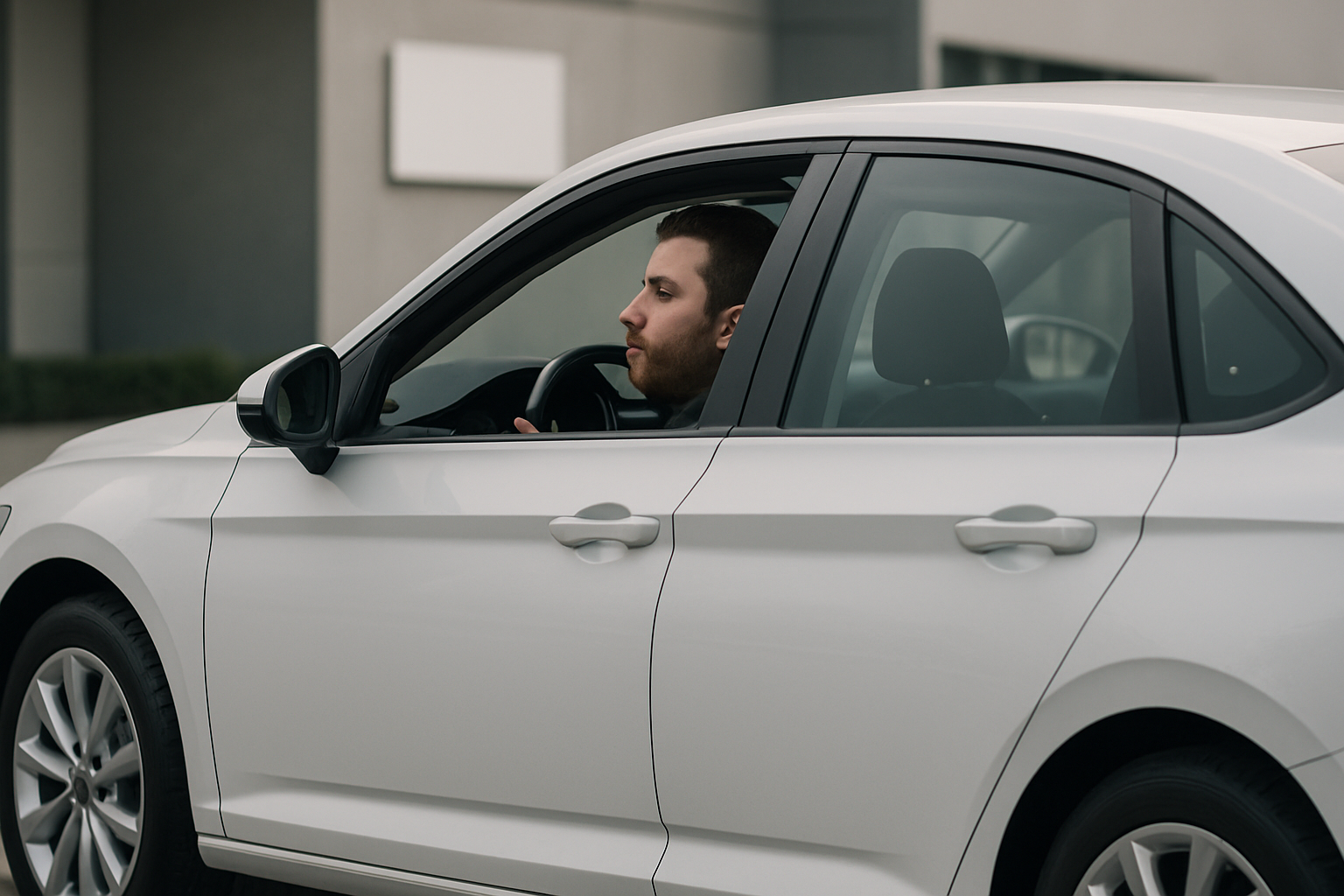 Man sitting in the driver’s seat of a white car with tinted windows parked near a grey building on a cloudy day