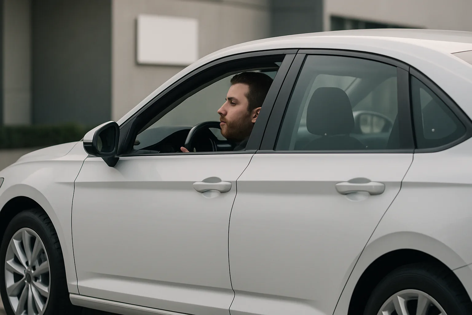 Man sitting in the driver’s seat of a white car with tinted windows parked near a grey building on a cloudy day