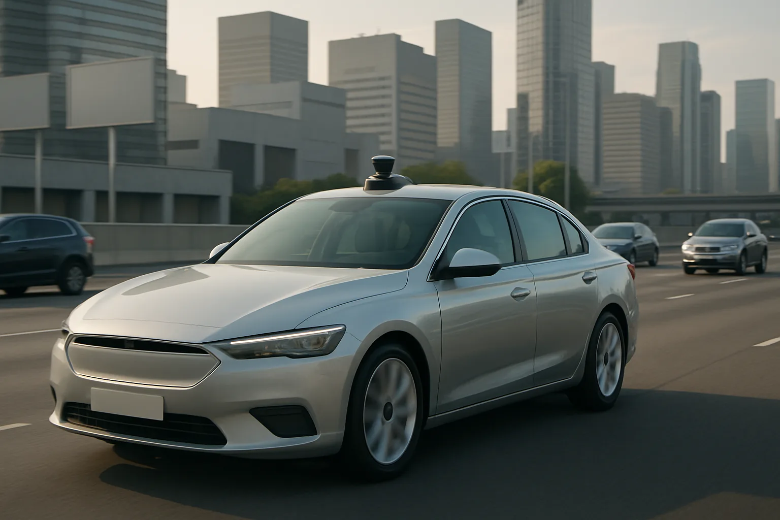 Sleek silver sedan with a roof-mounted sensor driving on a city highway amid modern glass skyscrapers in soft daylight