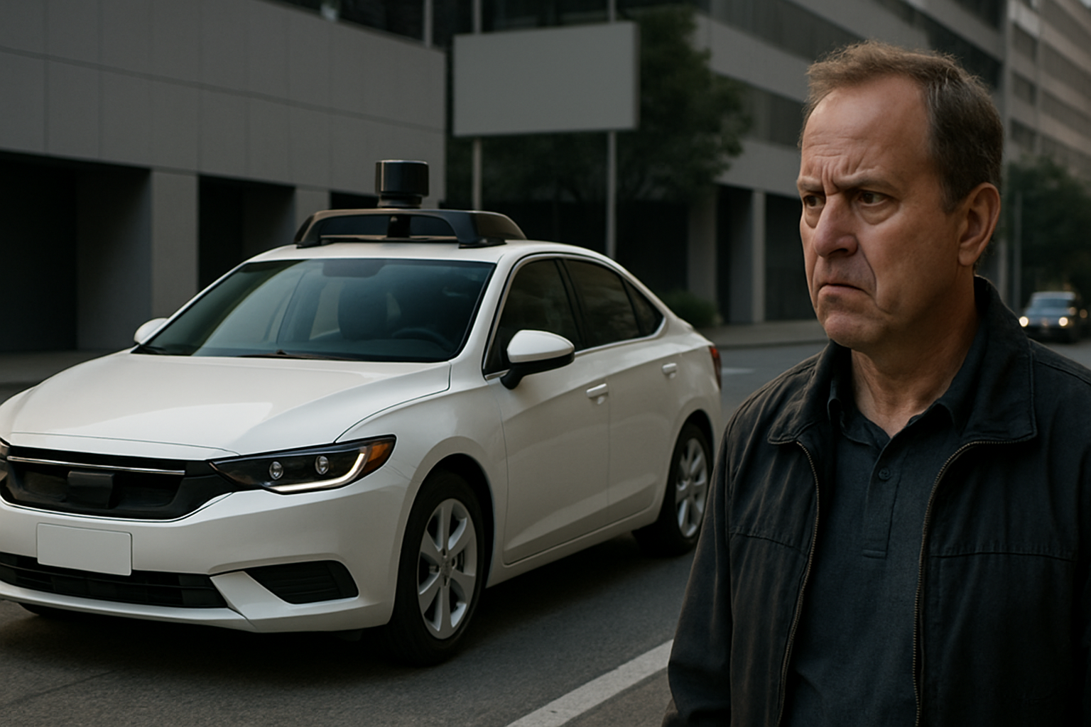 White car with a rooftop sensor suite parked on a city street, foregrounded by a frowning man in a dark jacket