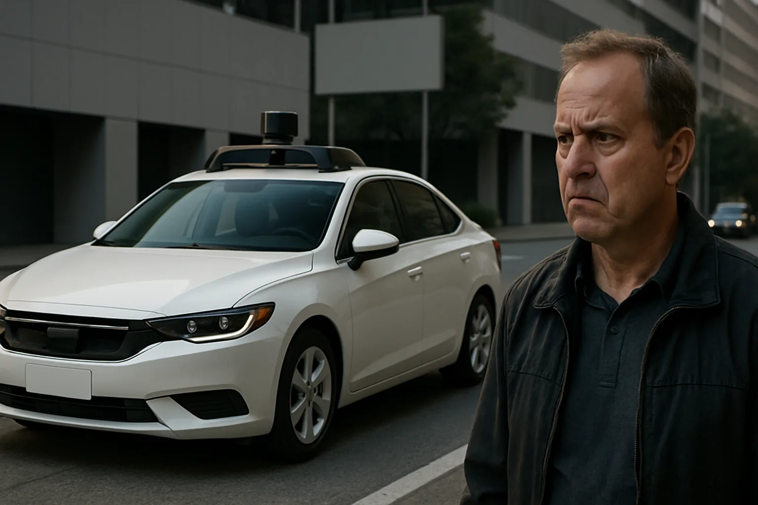 White car with a rooftop sensor suite parked on a city street, foregrounded by a frowning man in a dark jacket
