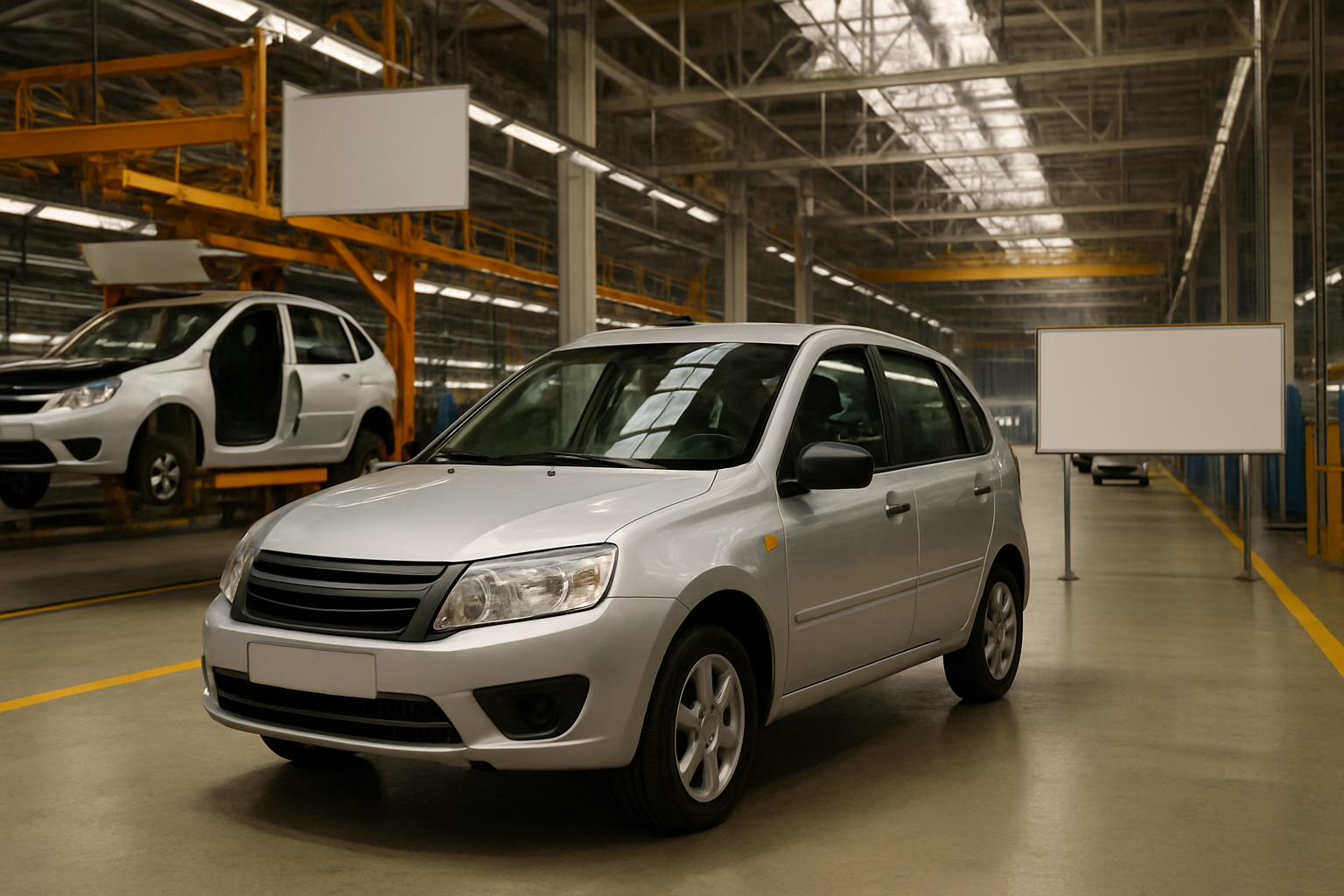 A silver compact car stands in a brightly lit factory with yellow beams, blank signs, and another car on a raised platform