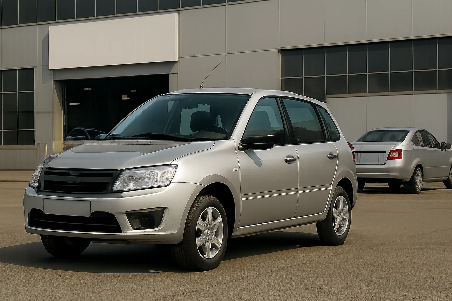 Silver hatchback parked on sunlit concrete in front of a large industrial building, with a silver sedan in the background