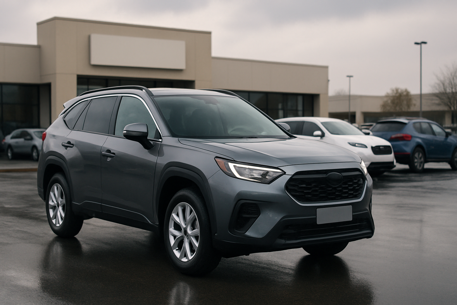 A grey SUV with silver alloy wheels parked on wet asphalt outside a beige commercial building under an overcast sky