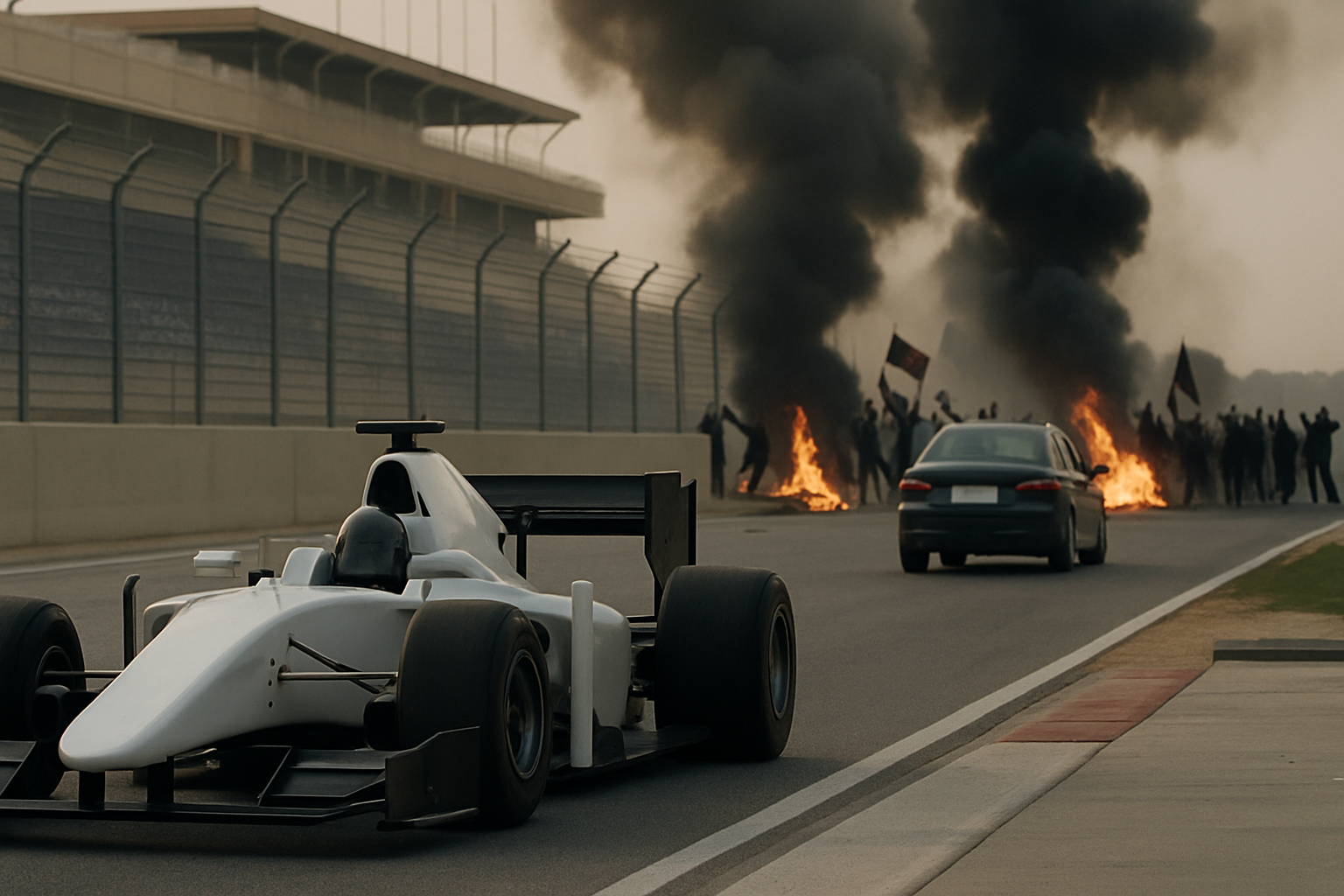 Single-seater race car and sedan on track near burning barricades and dark smoke with silhouetted figures in the background