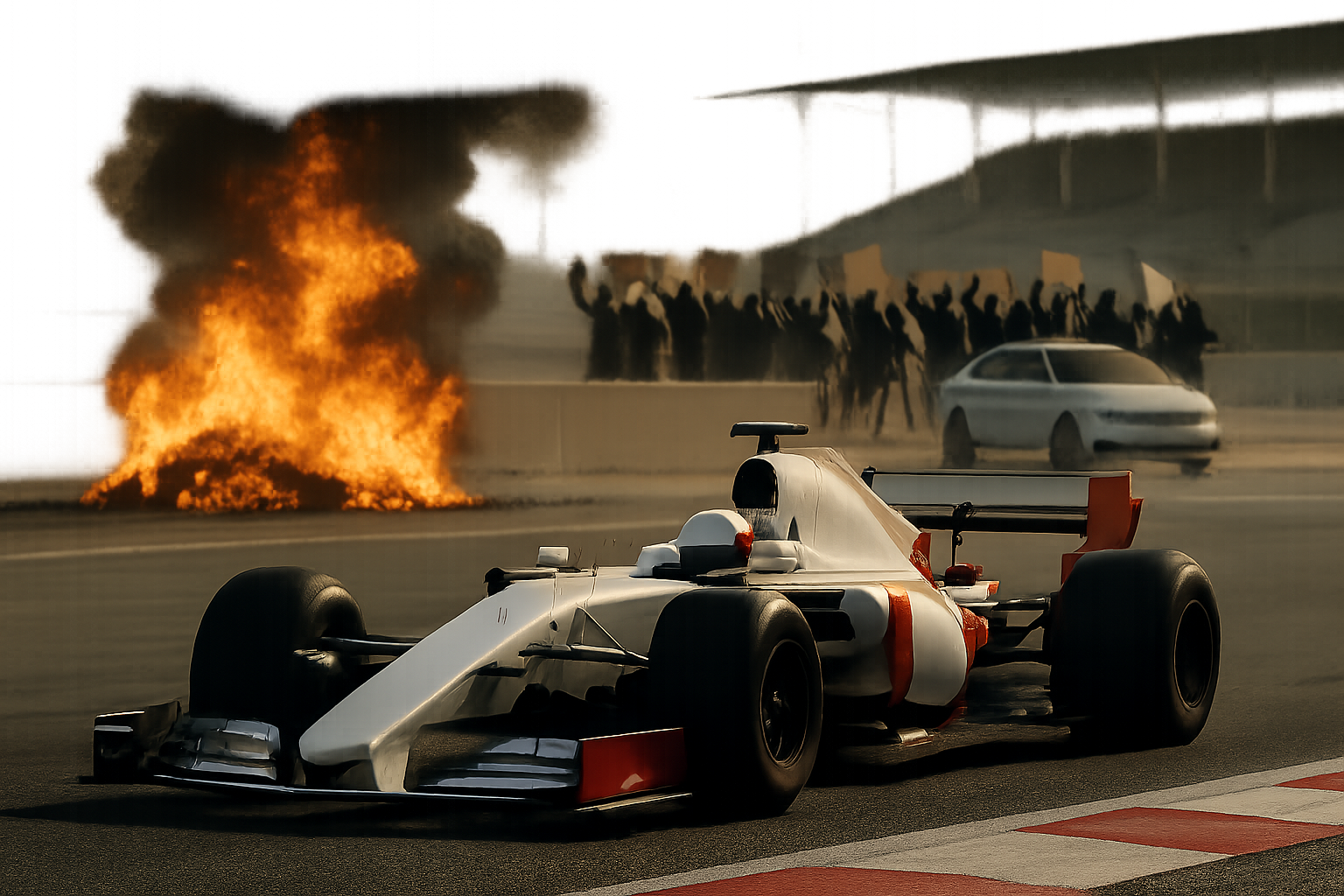 Single-seater race car on a track in front of a fire with silhouetted figures holding signs and a white car in the background