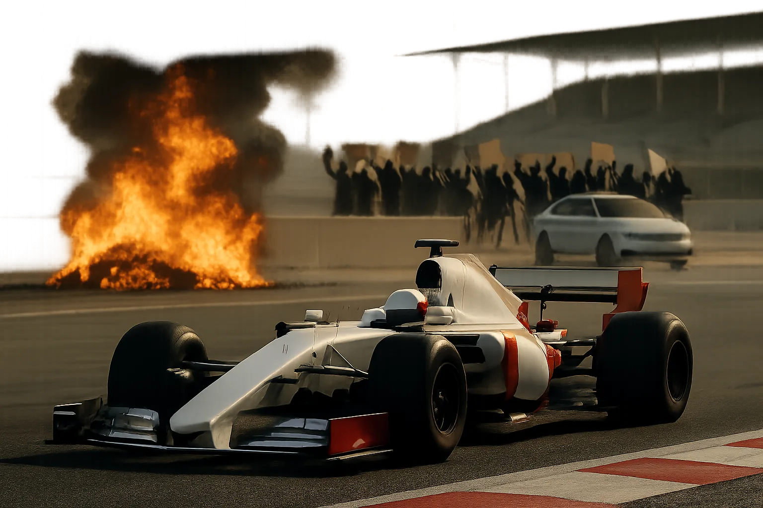 Single-seater race car on a track in front of a fire with silhouetted figures holding signs and a white car in the background
