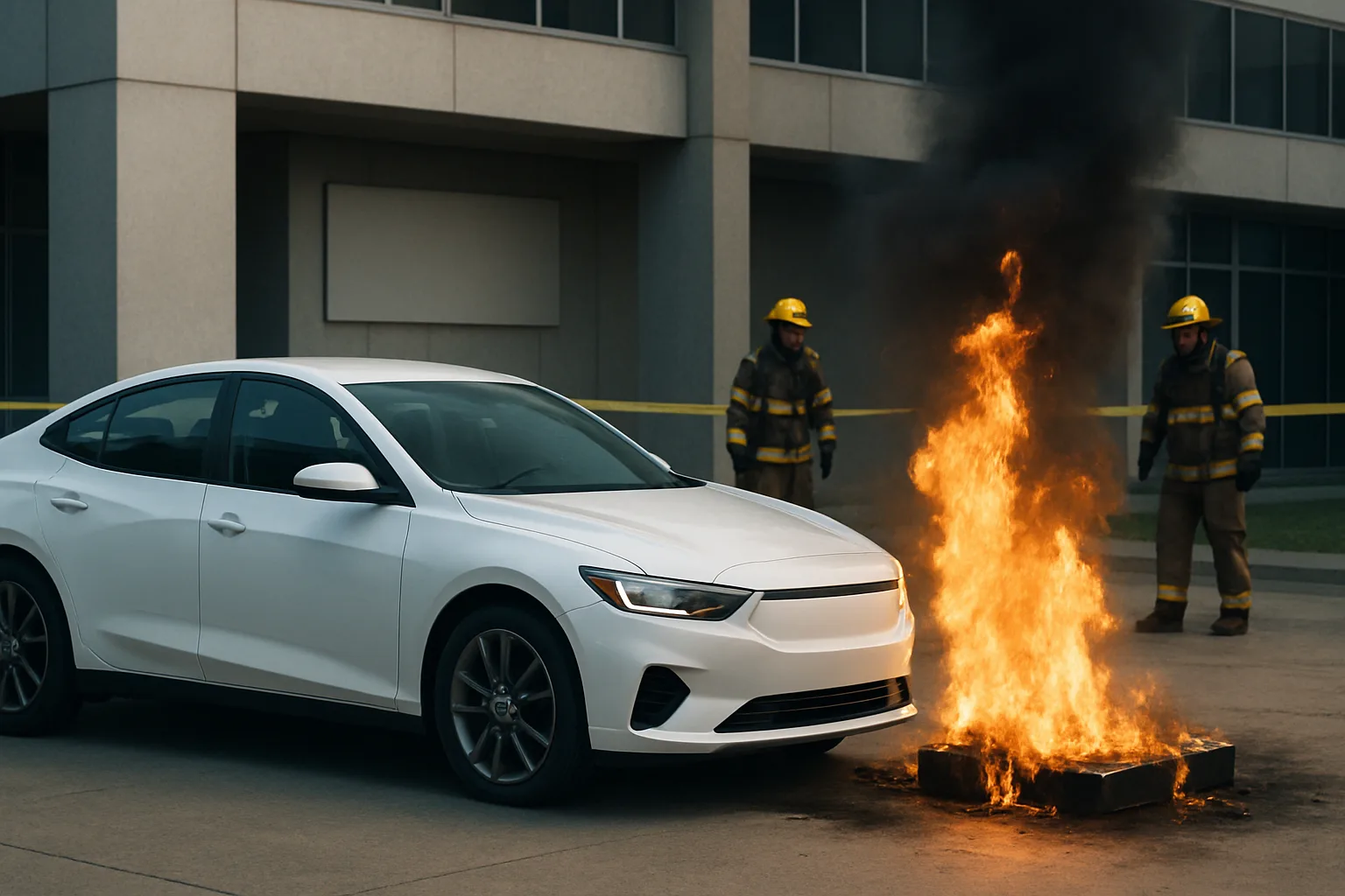 A white sedan parked near a burning object on pavement, with two firefighters and yellow tape in the background