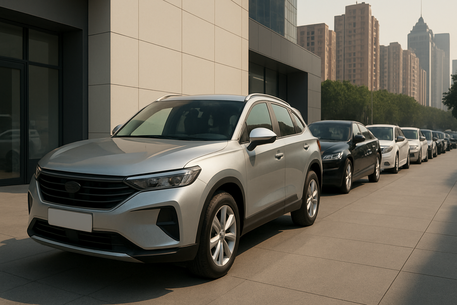 A row of new, sleek silver and white cars parked outside a modern glass building under hazy daylight