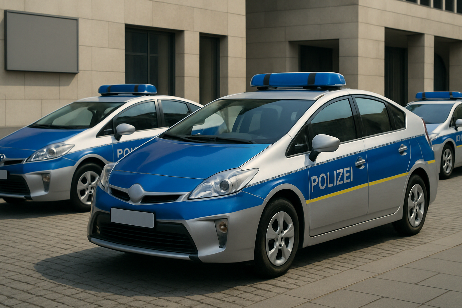 Three silver and blue police cars with rooftop lights are parked on grey paving outside a modern stone building