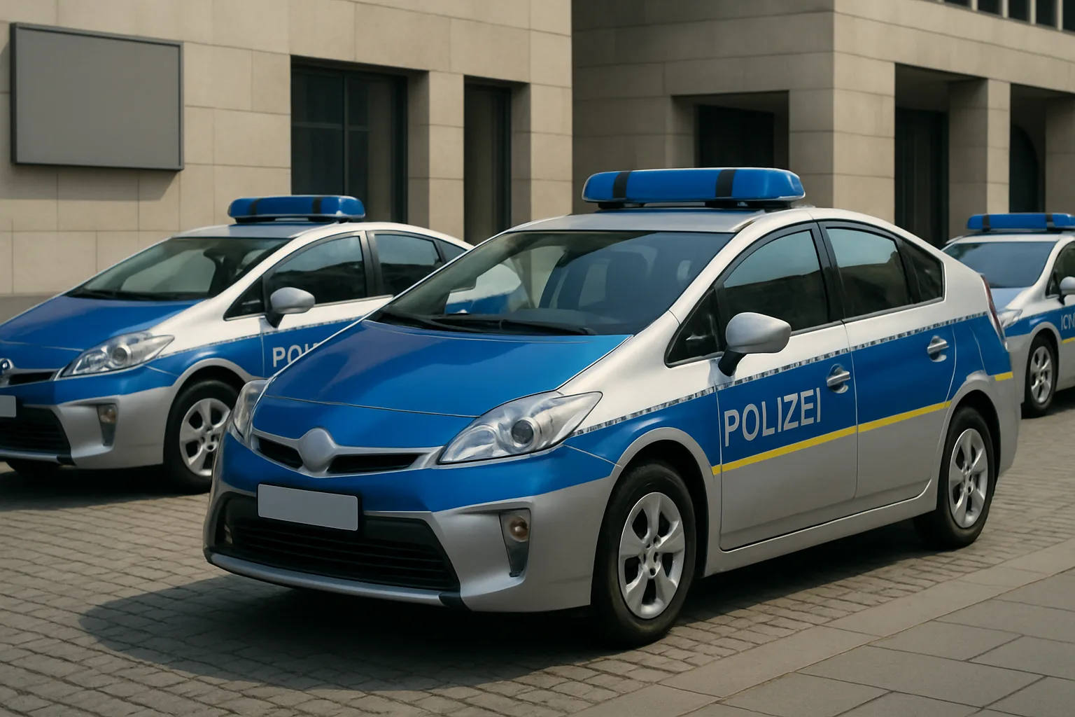 Three silver and blue police cars with rooftop lights are parked on grey paving outside a modern stone building
