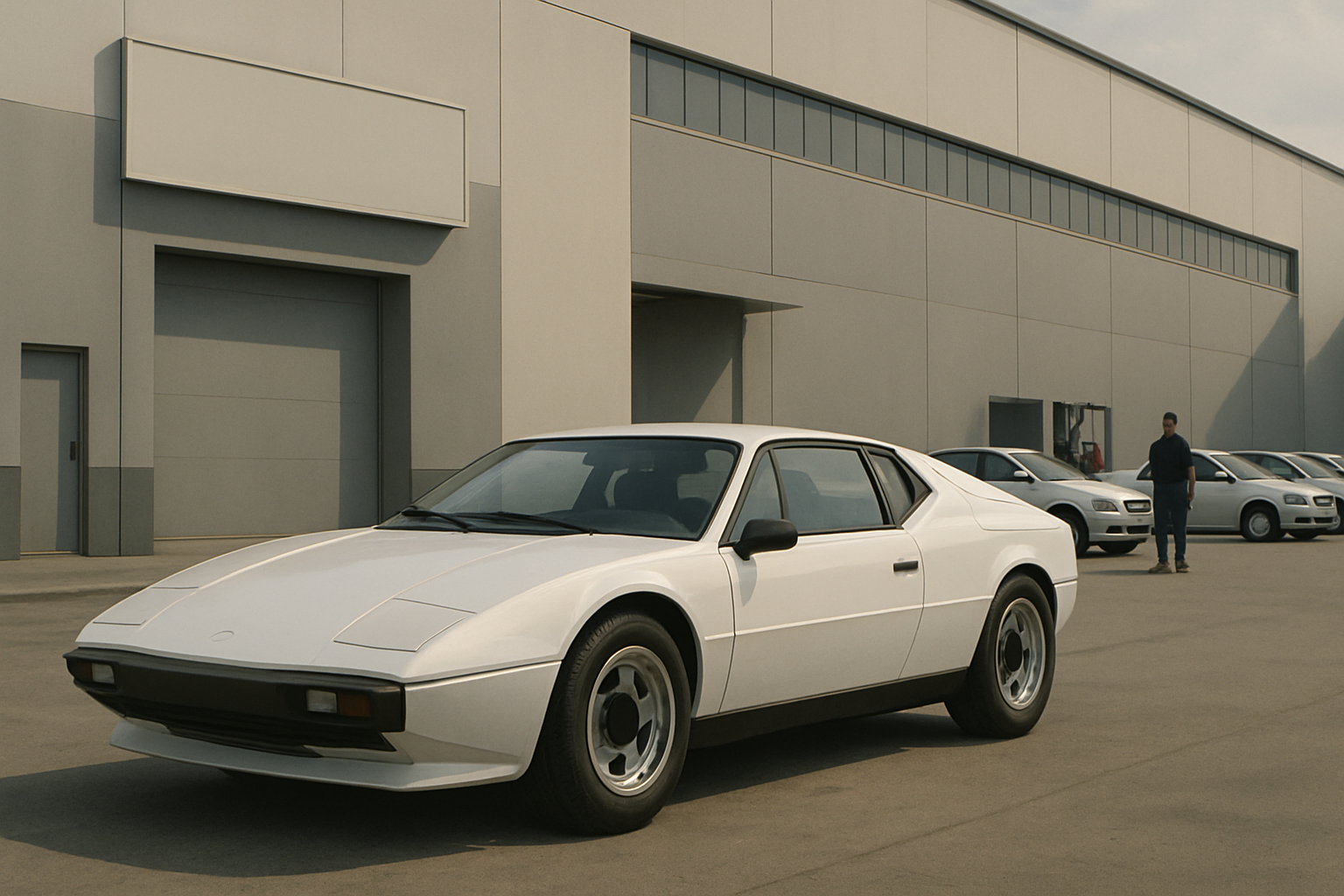 Angular white sports car with sharp lines parked outside a grey industrial building under overcast light, with other cars and a lone figure