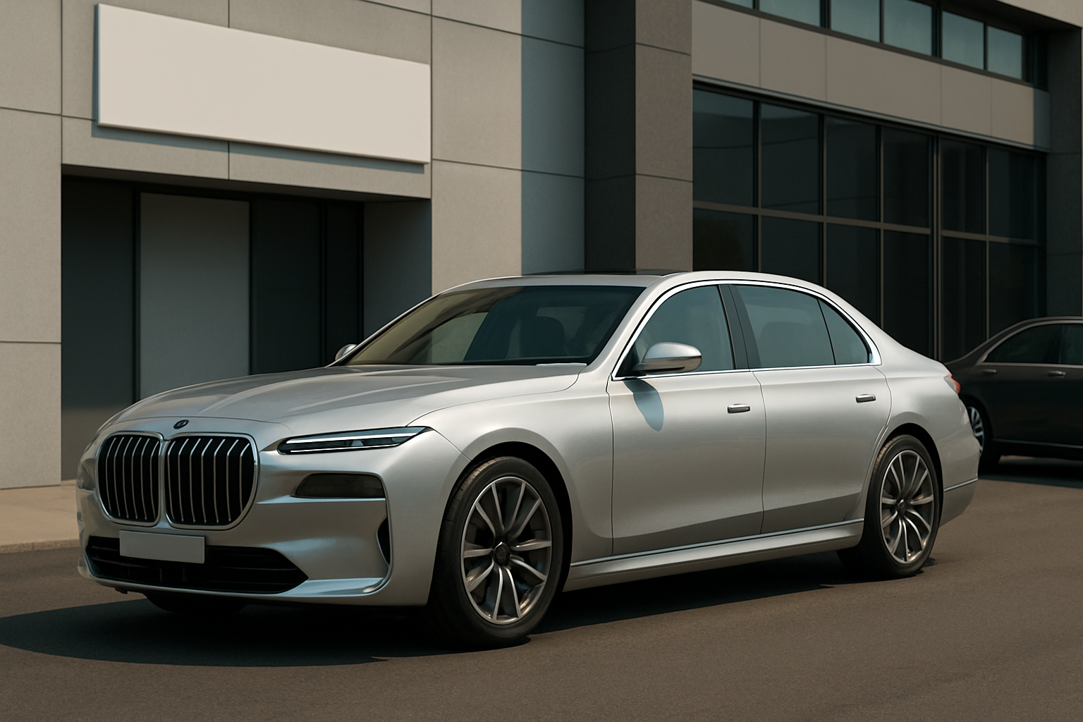 A sleek silver luxury sedan with bold grille and narrow headlights parked beside a modern building in daylight