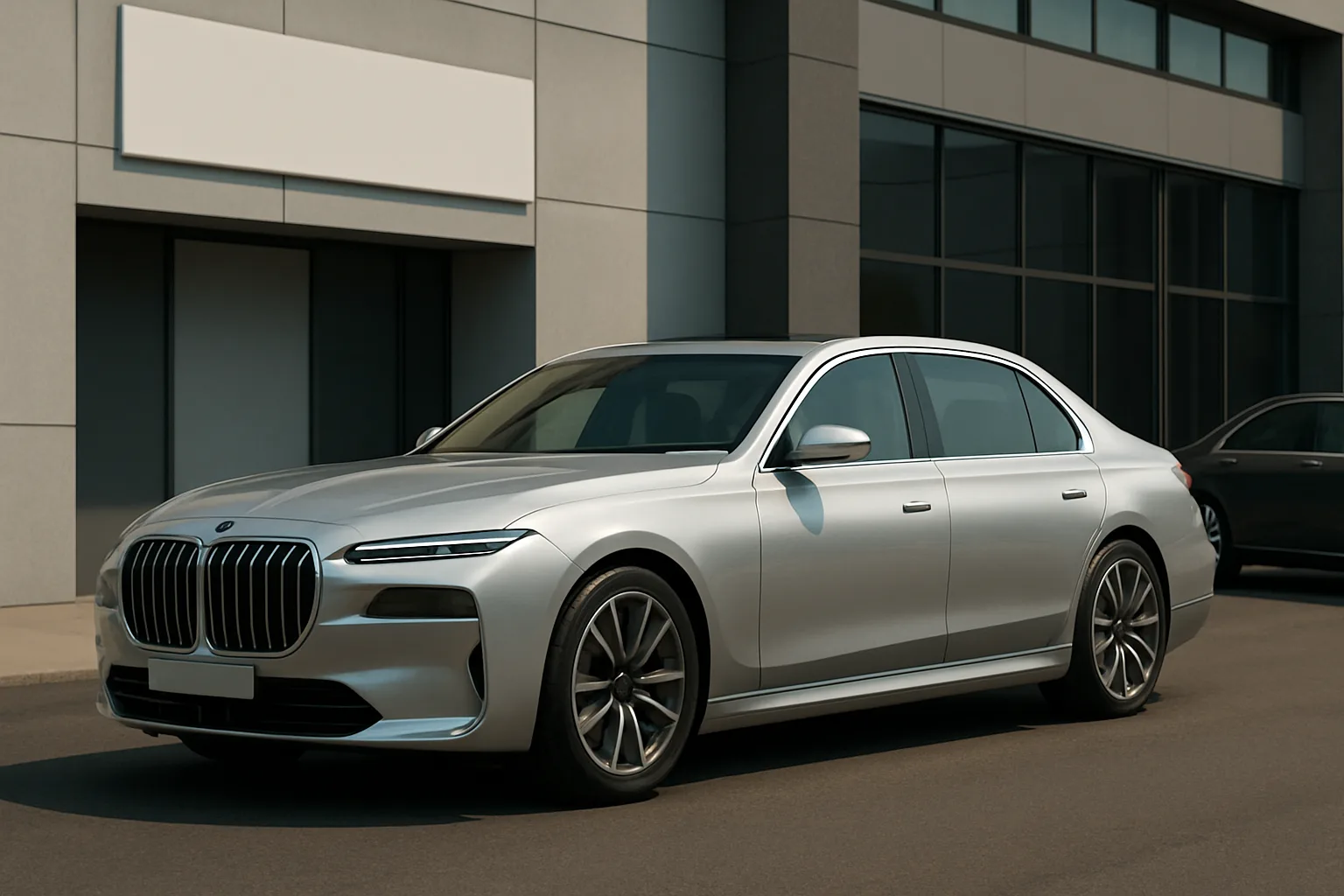 A sleek silver luxury sedan with bold grille and narrow headlights parked beside a modern building in daylight