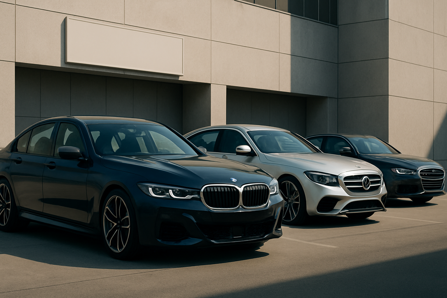 Three sleek, modern sedans in dark blue, silver, and black are parked side by side in sunlight against a pale building