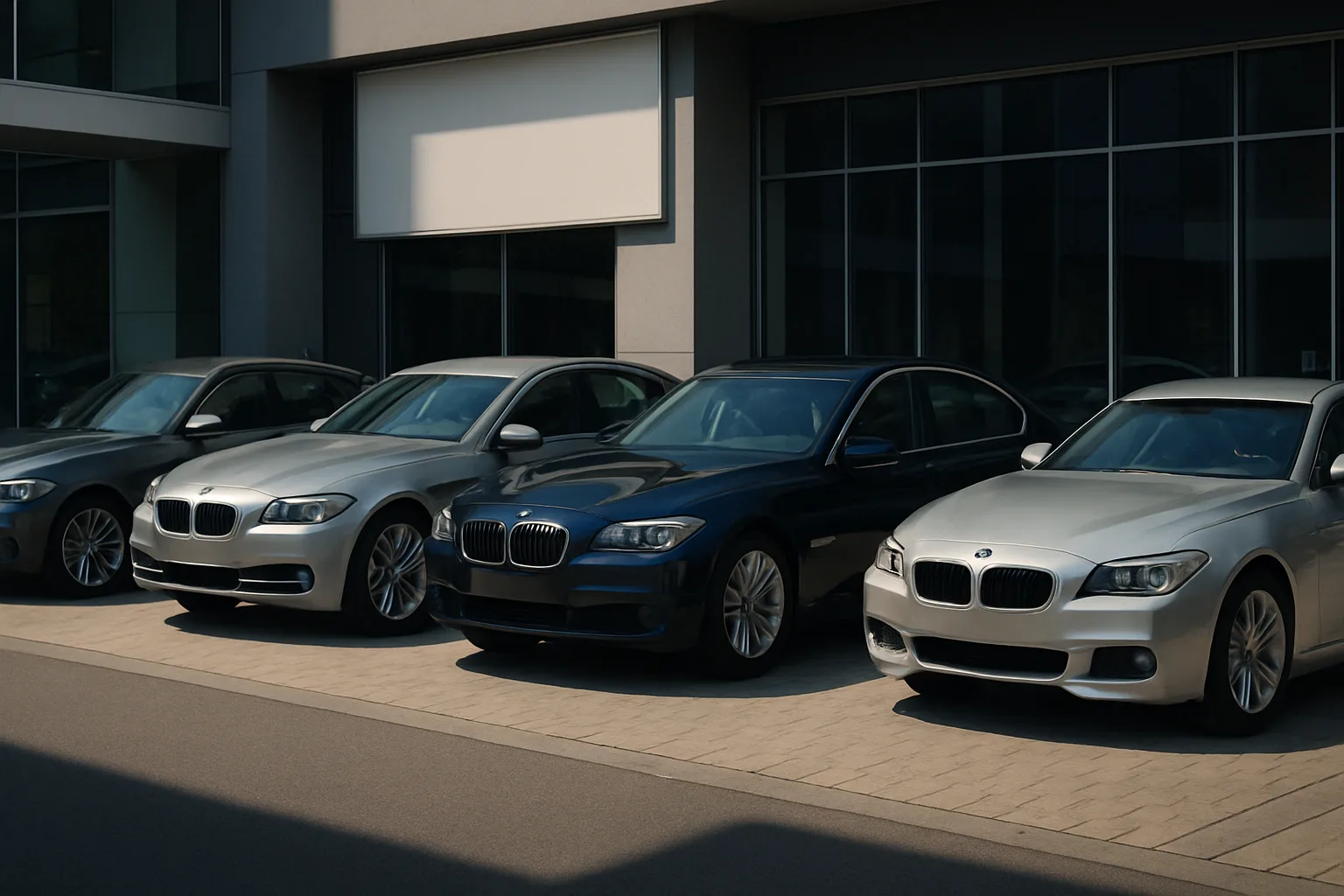Four mid-size sedans in silver and dark blue are parked diagonally outside a modern glass-fronted building in gentle daylight
