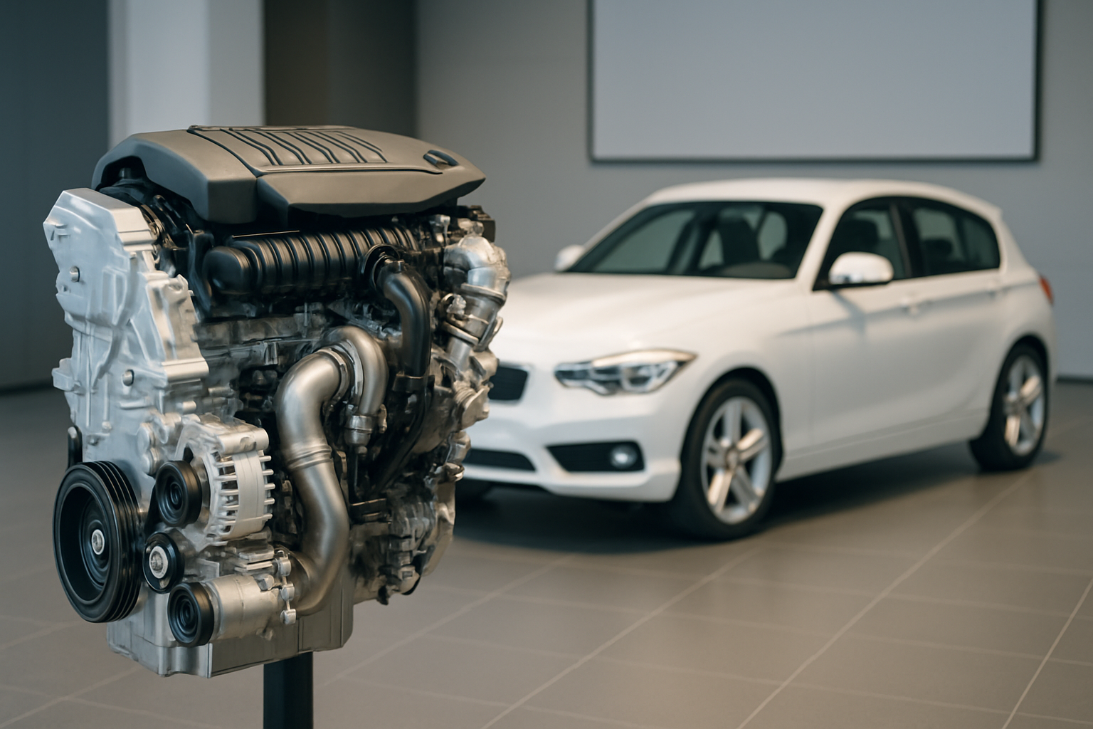 A metallic engine with black plastic components displayed in the foreground, with a white car blurred in the background
