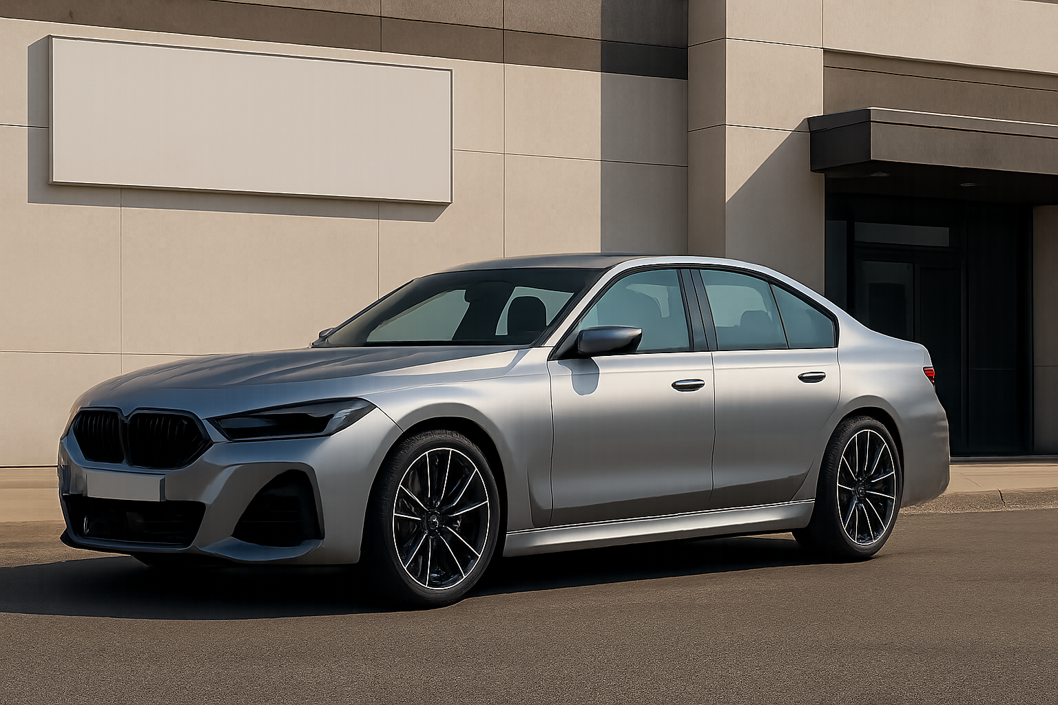 Sleek silver sedan with black accents and dark alloy wheels parked on sunlit pavement in front of a modern building