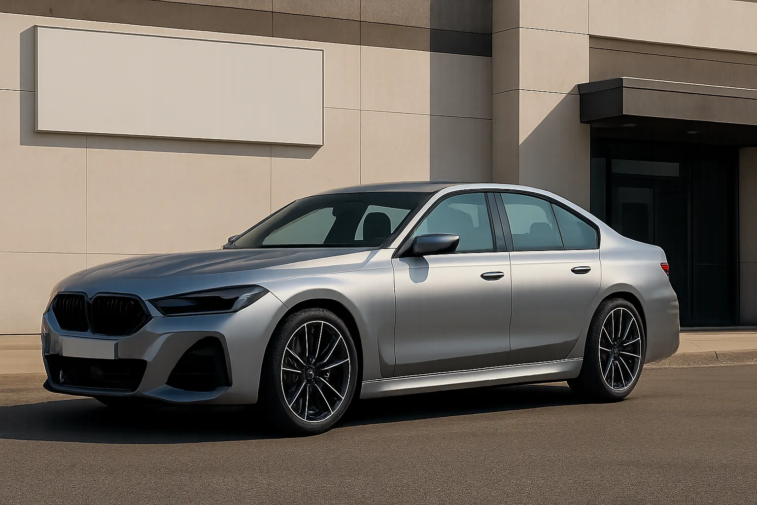 Sleek silver sedan with black accents and dark alloy wheels parked on sunlit pavement in front of a modern building