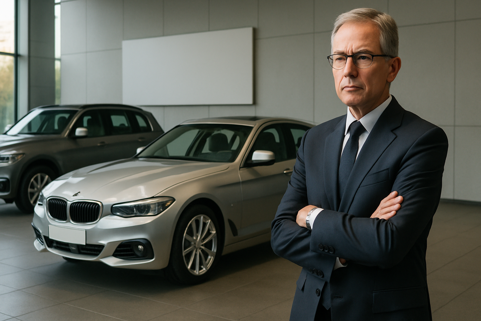 A man in a dark suit stands with arms crossed in a minimal, sunlit showroom beside two grey cars and a blank wall panel