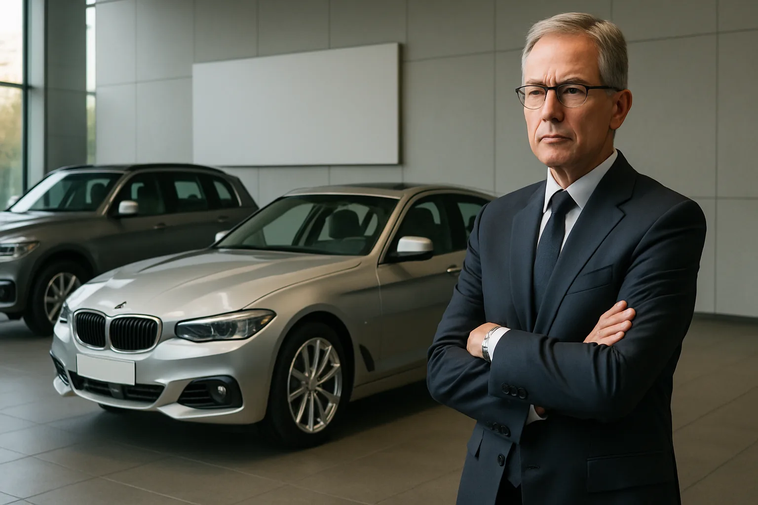 A man in a dark suit stands with arms crossed in a minimal, sunlit showroom beside two grey cars and a blank wall panel