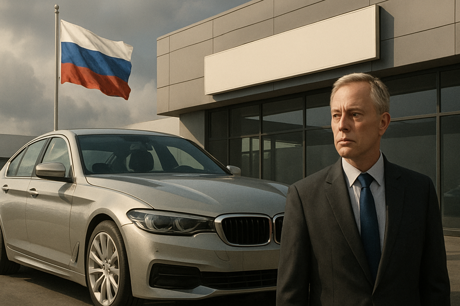 A suited man stands in front of a modern grey building and a silver car, with a Russian flag flying in the background