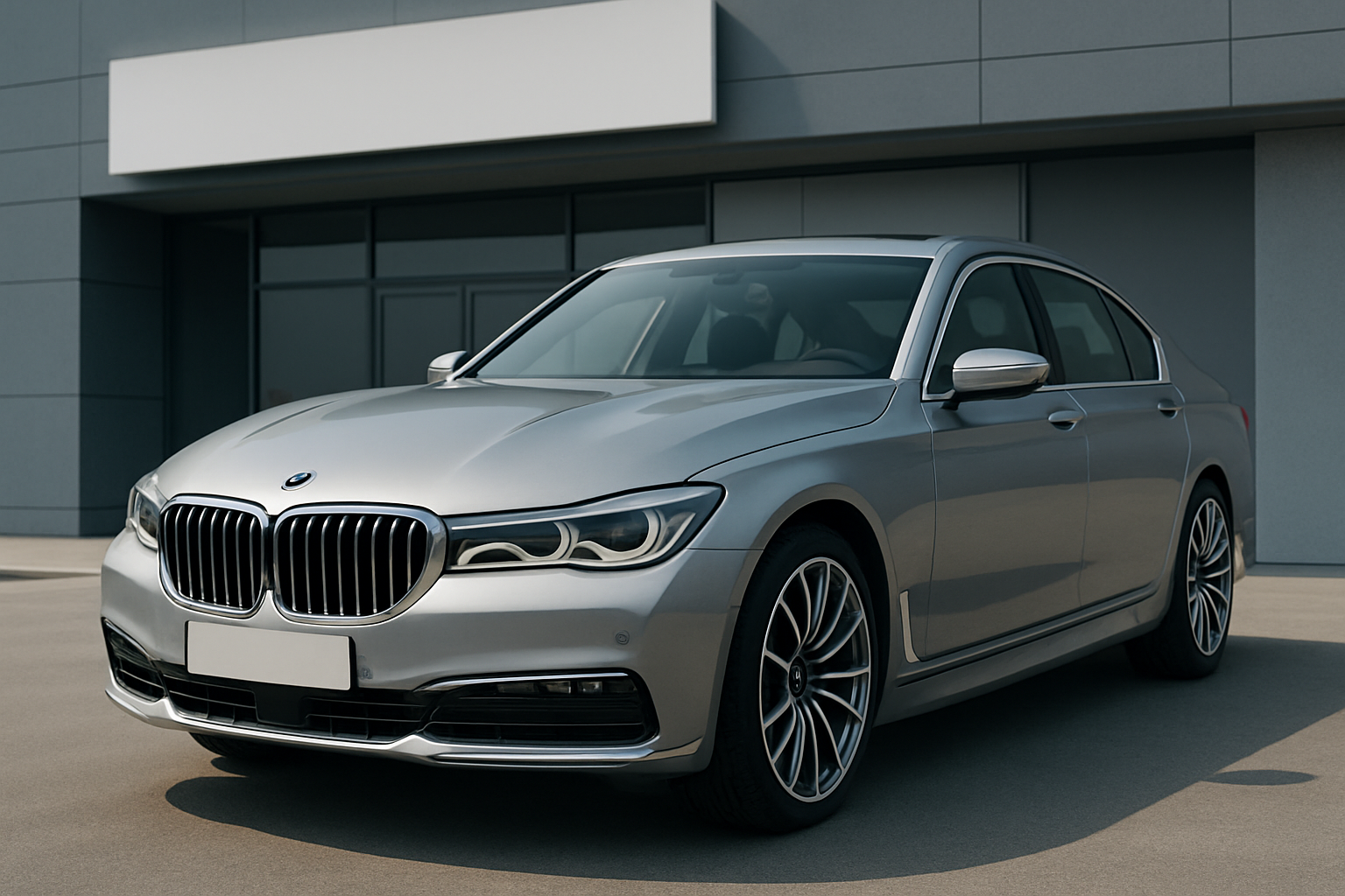 Silver luxury sedan with glossy black-and-white circular badge parked in sunlight before a modern gray building
