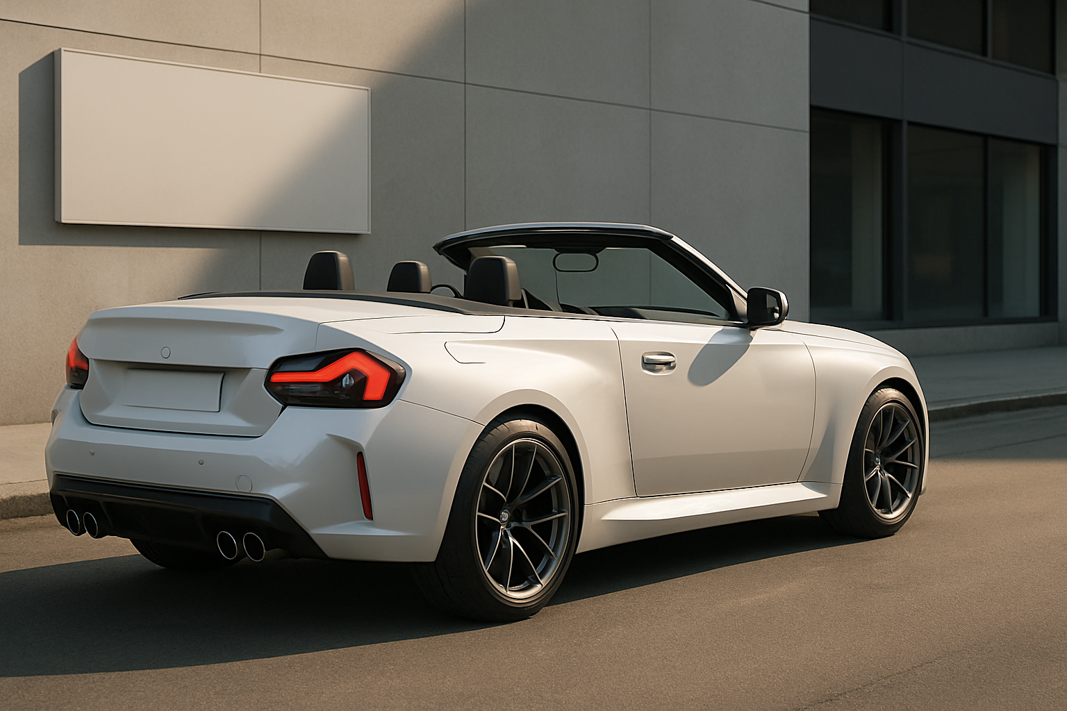 A white convertible sports car with black wheels and open roof parked beside a modern building in soft daylight
