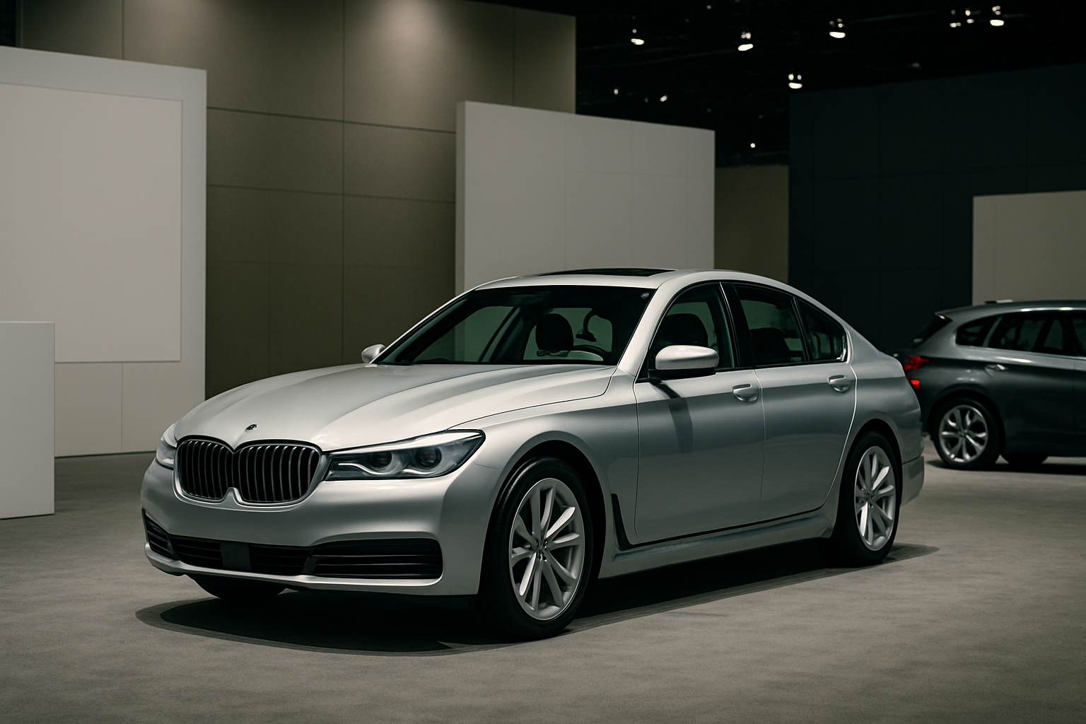 Silver sedan parked indoors on a matte grey floor under soft lighting, with plain neutral walls and another car in the background