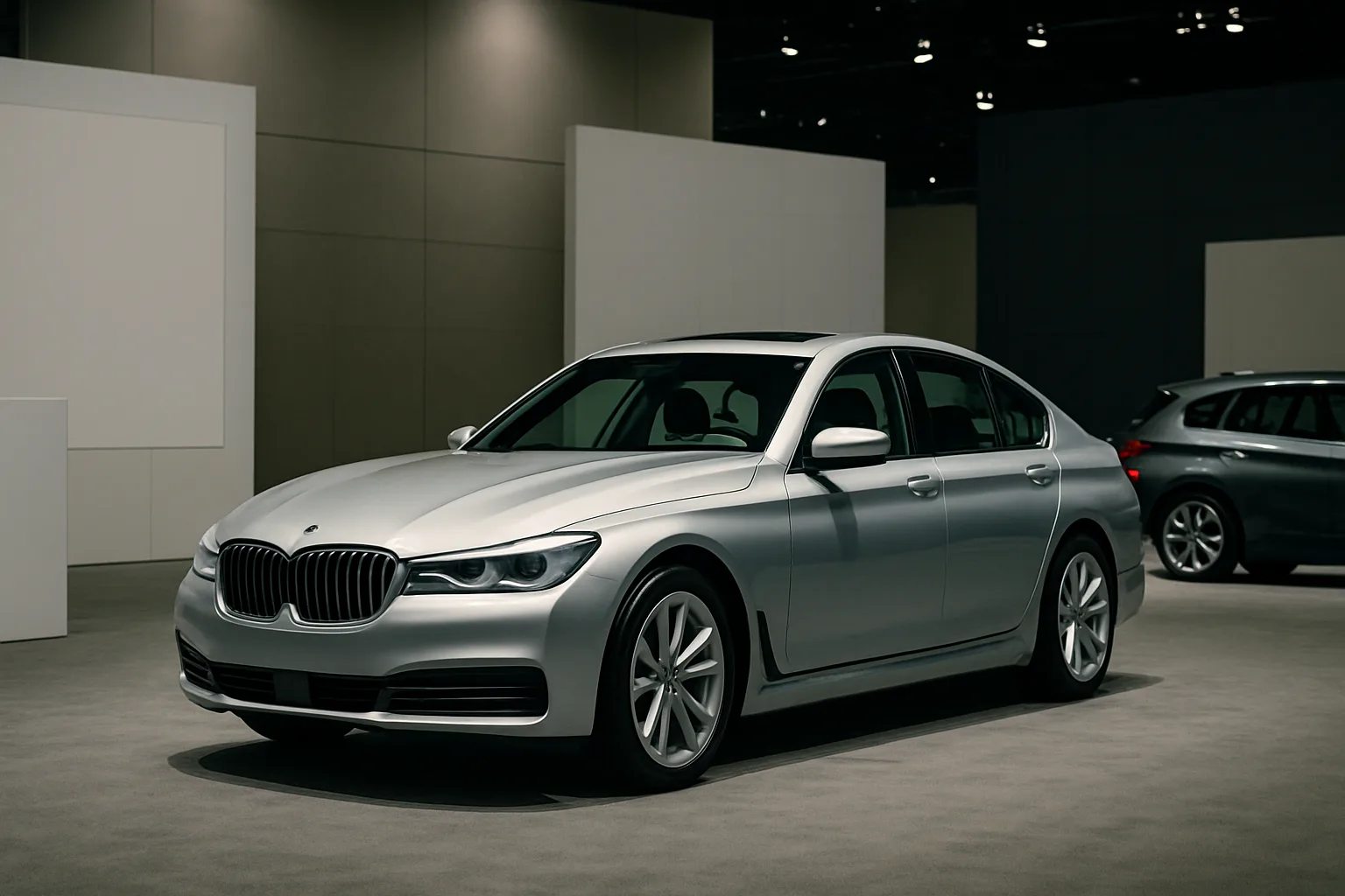 Silver sedan parked indoors on a matte grey floor under soft lighting, with plain neutral walls and another car in the background
