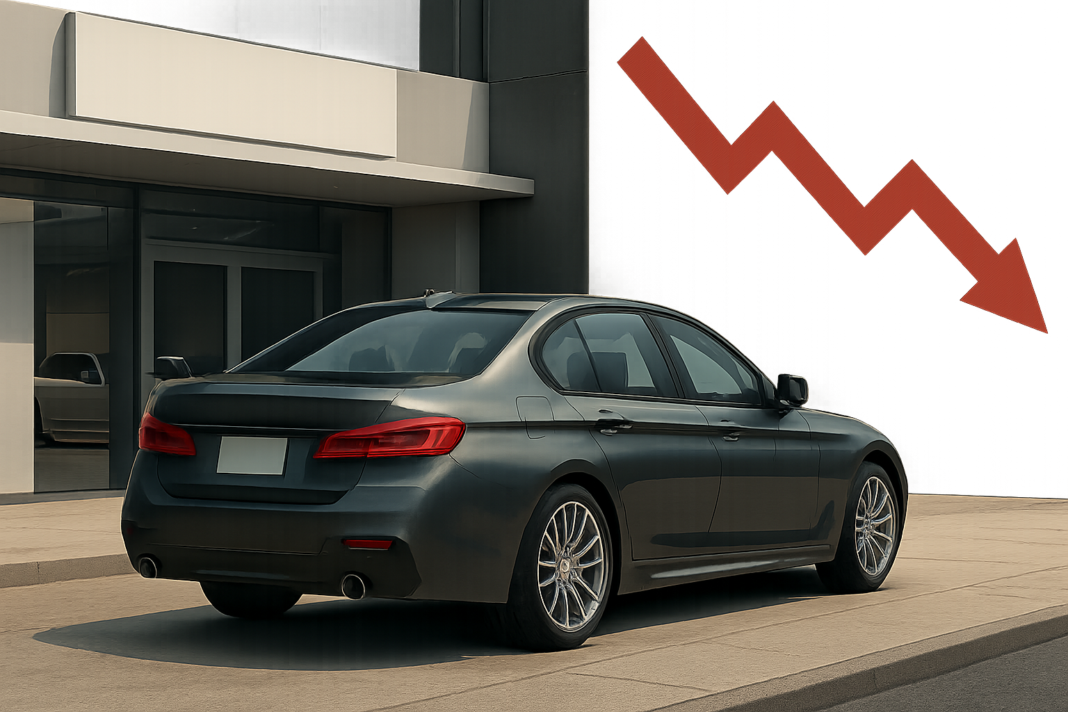 A dark metallic sedan parked outside a modern building with a large red downward arrow on a muted background