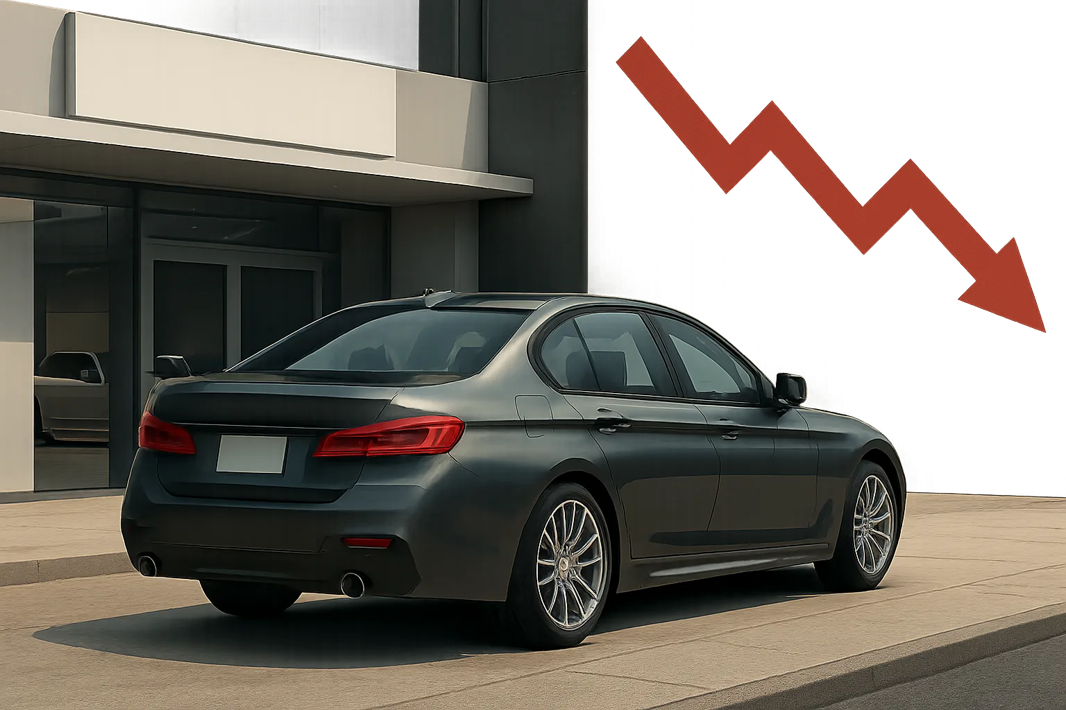 A dark metallic sedan parked outside a modern building with a large red downward arrow on a muted background
