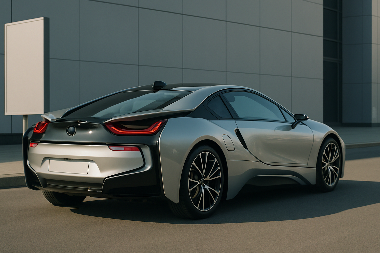 Futuristic silver coupe with red tail lights and black trim parked beside a grey building in soft daylight