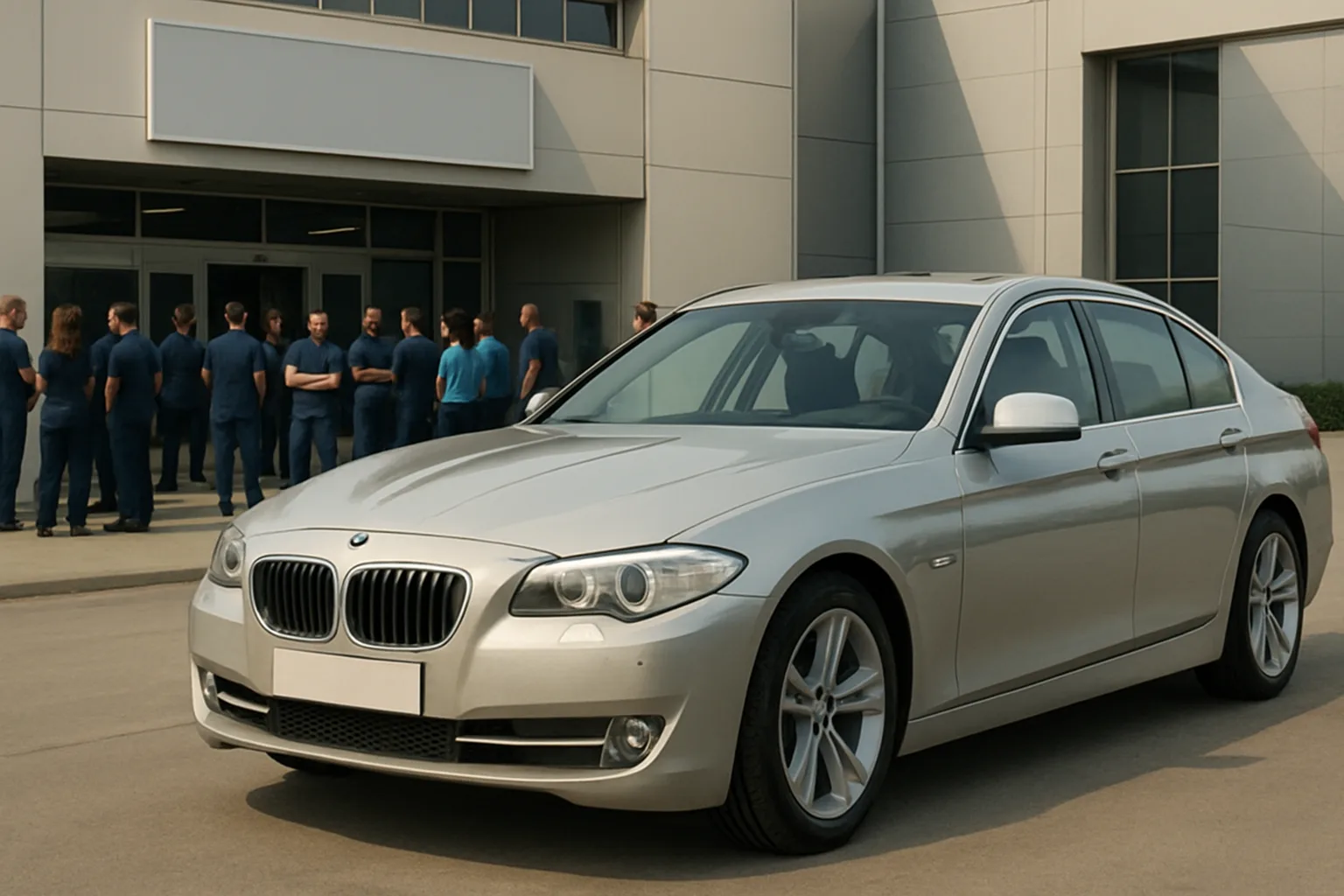 A silver sedan parked outside a modern building with large windows, with a group of people in blue uniforms gathered nearby