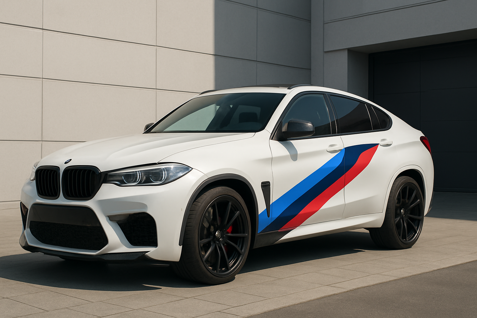 White SUV with a sporty body kit and bold red, blue and dark blue diagonal stripes on its side, parked by a modern building