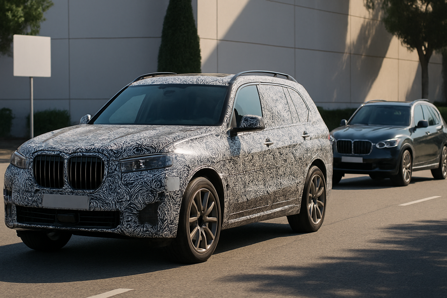 Large SUV with black and white camouflage wrap driving ahead of a dark grey car on a sunlit road beside a building